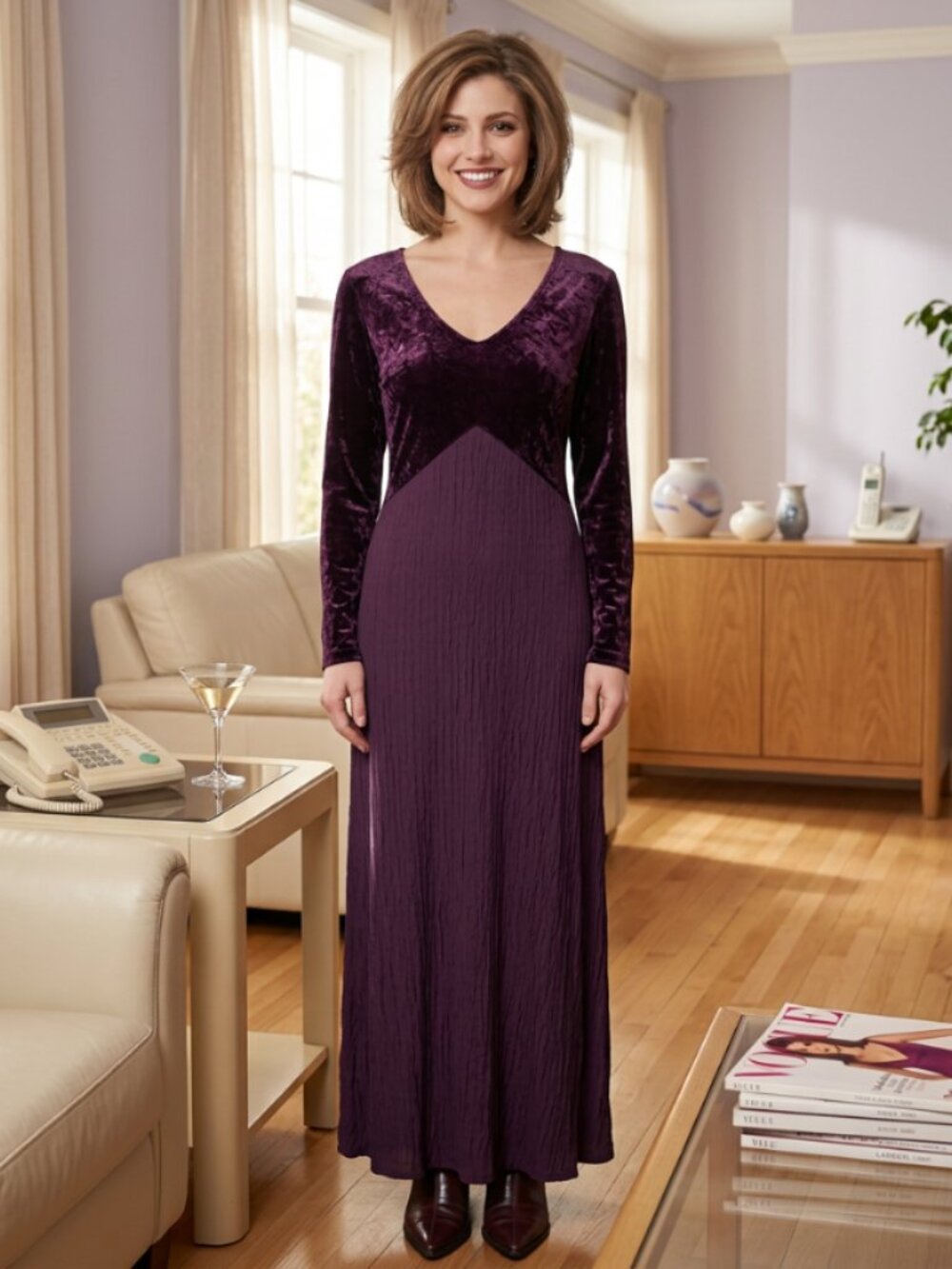 Vtg 90s Barbara Lesser plum velour pleated maxi dress